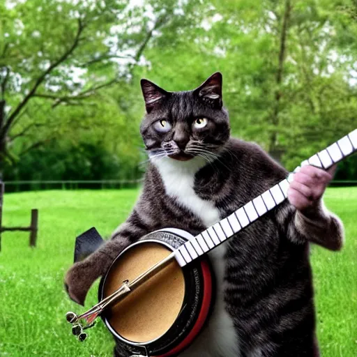 Image similar to redneck cat playing banjo, 8 k, movie still,