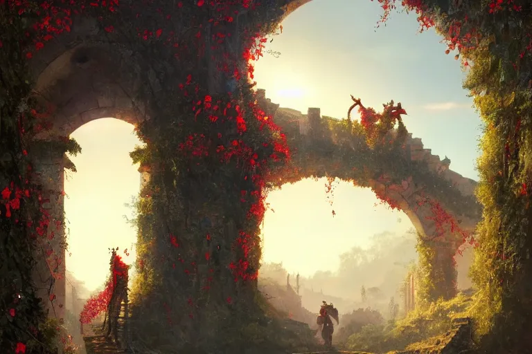 Prompt: broken arches leading to the pillars of eternity draped with red flowers and vines, blue sky, lens flare, a sense of mystery, cinematic, ultra detailed, intricate, sharp focus, trending on artstation, cartoon illustration by Greg Rutkowski, 8K