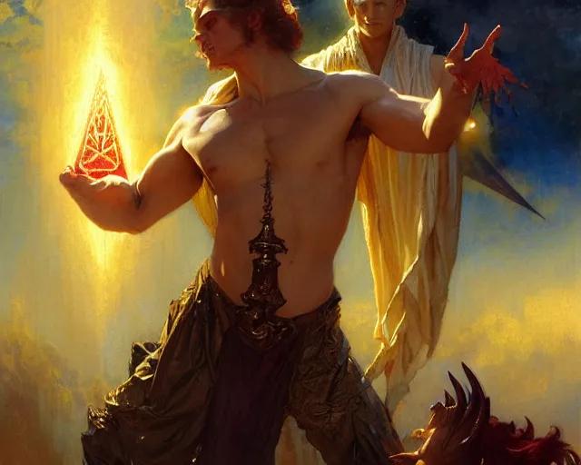 Image similar to attractive male deity, casting demonic magic, summoning handsome lucifer morning star. highly detailed painting by gaston bussiere, craig mullins, j. c. leyendecker 8 k