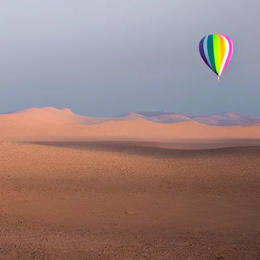 Prompt: floating rainbow colored party balloons above the desert, photography, high resolution 8 k, 3 5 mm lens,