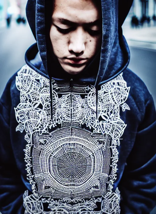 Image similar to hoodie, street wear, intricate, elegant, highly detailed, symmetrical!, prism highlights, lut, sony, 3 5 mm, street photography, smooth, sharp focus, dlsr, telephoto, synth wave, high fashion