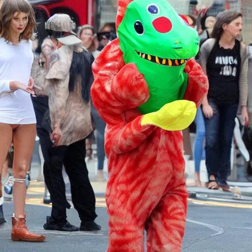 Image similar to taylor swift wearing a dinosaur costume real paparazzi picture