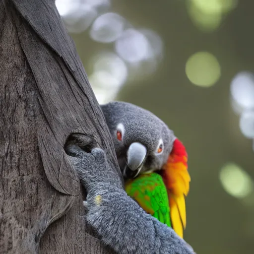 Prompt: award winning nature photograph of a parrot's beak on a koala in a tree. the koala is eating a eucalyptus leaf. focus on the beak. extreme detail, hyperrealistic photo, smooth, trending on artstation