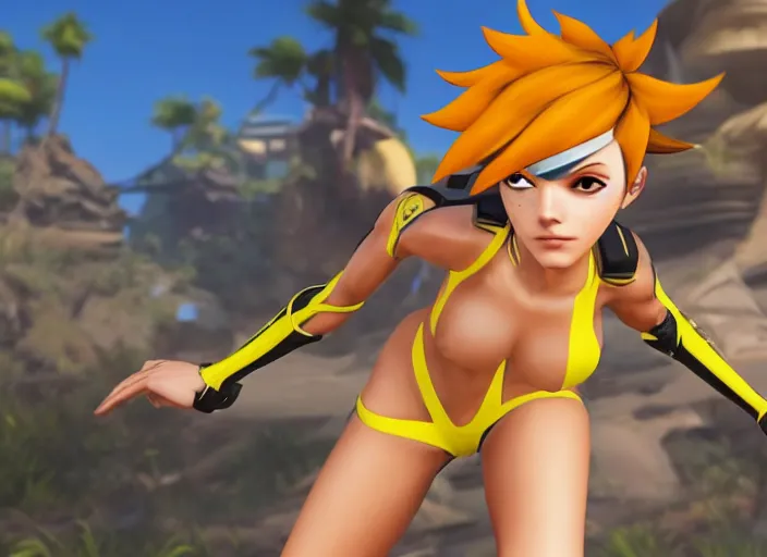 Image similar to tracer game character, in yellow bikini, blonde hair, black eyes, full height