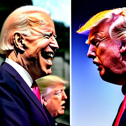 Image similar to joe biden and donald trump getting drunk together at a pub, laughing and joking, at night