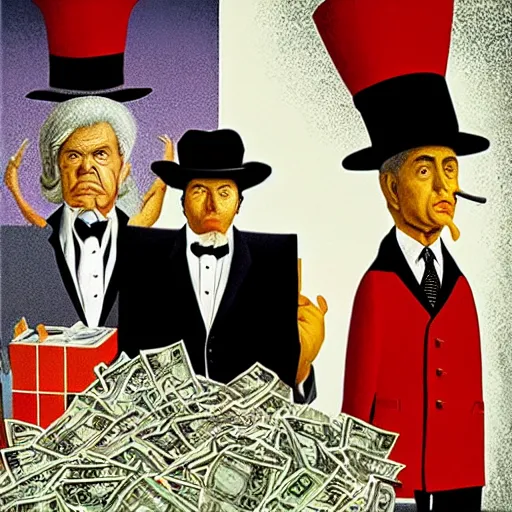 Prompt: cash rules everything around me, Alec monopoly, René Magritte, guy billout