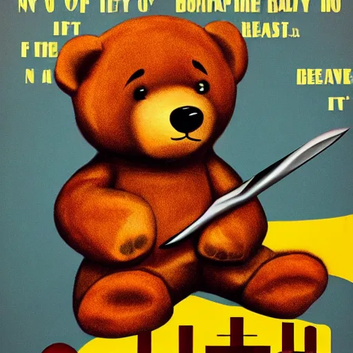 Image similar to teddy bear holding a knife as a 1 9 6 0 s movie poster