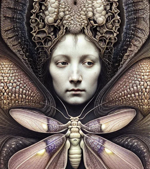 Image similar to detailed realistic beautiful moth goddess face portrait by jean delville, gustave dore, iris van herpen and marco mazzoni, art forms of nature by ernst haeckel, art nouveau, symbolist, visionary, gothic, neo - gothic, pre - raphaelite, fractal lace, intricate alien botanicals, ai biodiversity, surreality, hyperdetailed ultrasharp octane render