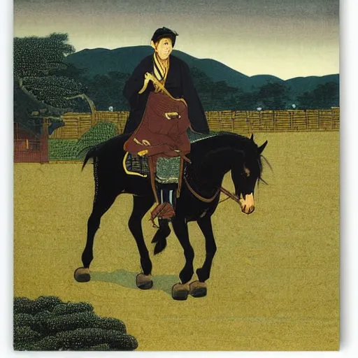 Image similar to an irishman drinking a black stout on a horse by kawase hasui