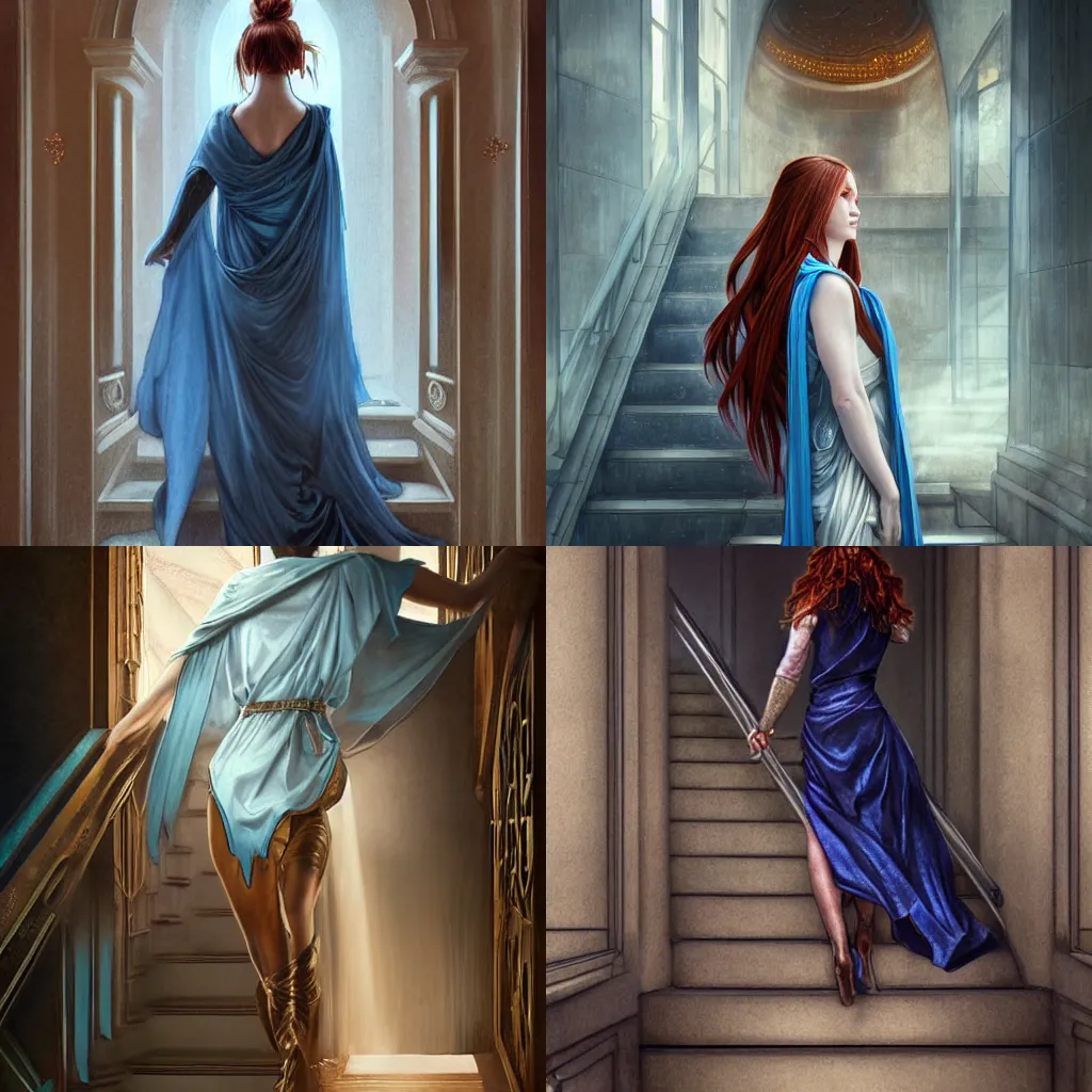 Prompt: maiden with copper hair, in blue and silver rustic wedding robes with metallic inlays, walking down a marble stairwell, realistic, mysterious lighting, muted colors, fog, highly detailed, digital painting, Artstation trending, illustration, art by Artgerm and Greg Rutkowski and Alphonse Mucha