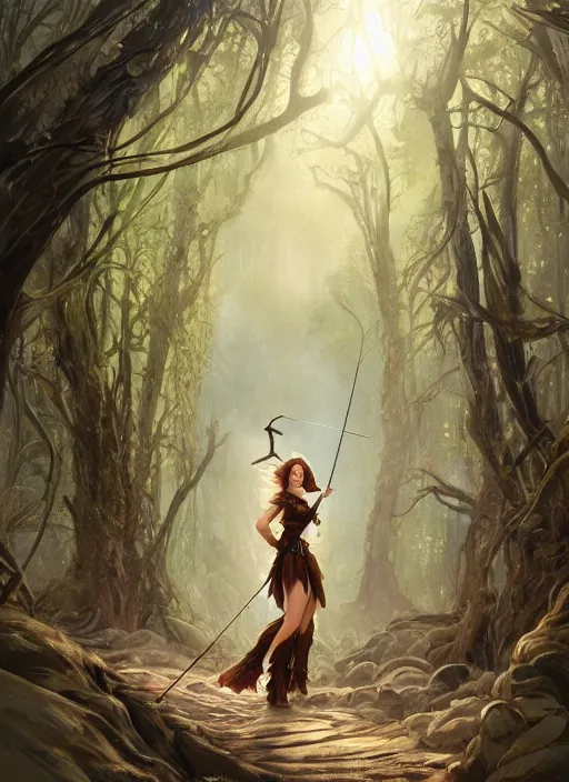 Image similar to A beautiful digital painting of a lovely princess in the mirkwood forrest holding a bow and arrow looking at the camera by Stanley Artgerm Lau, frank frazetta, Rossdraws, James Jean, gerald brom, Andrei Riabovitchev, Marc Simonetti, and Sakimichan, trending on artstation