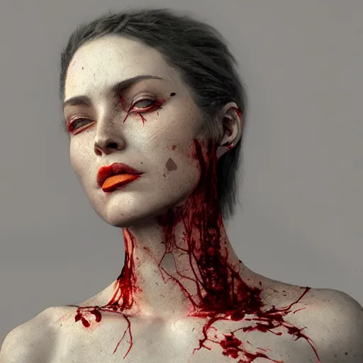 Image similar to sculpture of a woman, gloomy, blood, fire, intricate, elegant, highly detailed, digital painting, artstation, concept art, matte, sharp focus, illustration, octane render, unreal engine, art by aenaluck and roberto ferri and greg rutkowski, epic fantasy, digital painting