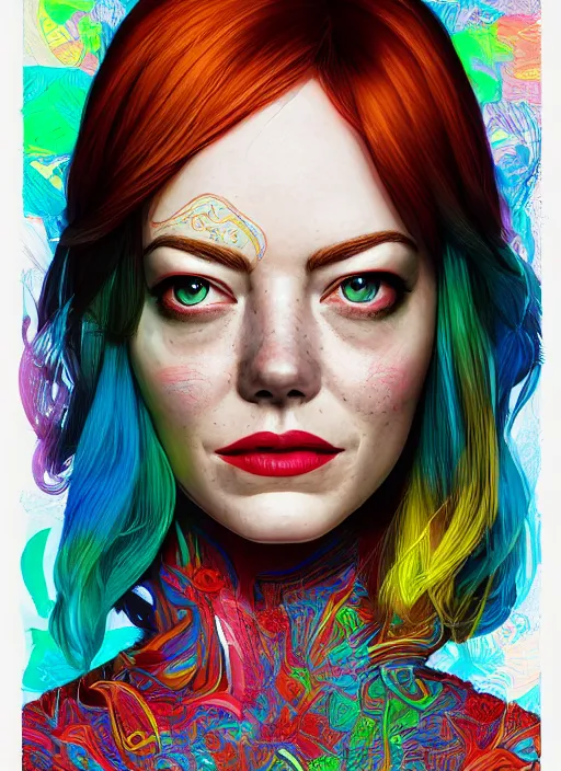 Image similar to portrait of emma stone an ultrafine detailed illustration by james jean, intricate linework, bright colors, final fantasy, behance contest winner, vanitas, angular, altermodern, unreal engine 5 highly rendered, global illumination, radiant light, detailed and intricate environment