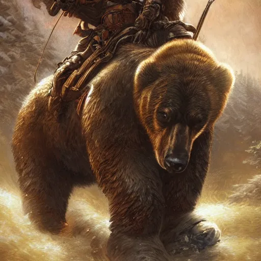 Image similar to Vladimir putin as a ruggedly handsome hero riding a bear, intricate, elegant, highly detailed, centered, digital painting, artstation, concept art, smooth, sharp focus, illustration, art by artgerm and donato giancola and Joseph Christian Leyendecker, Ross Tran, WLOP