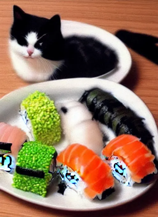 Image similar to clear photorealistic picture of adorable cats made out of sushi