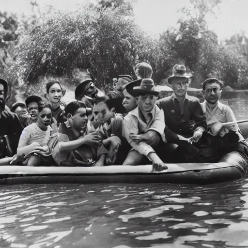 Image similar to A group of refugees on a raft at disneyland, War Photography