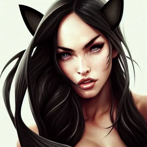 Image similar to alchemyst girl Megan Fox with cat ears, by WLOP, by Artgerm, by Michael Garmash, by Rob Rey, digital art, trending on artstation, beautiful lightning, atmospheric