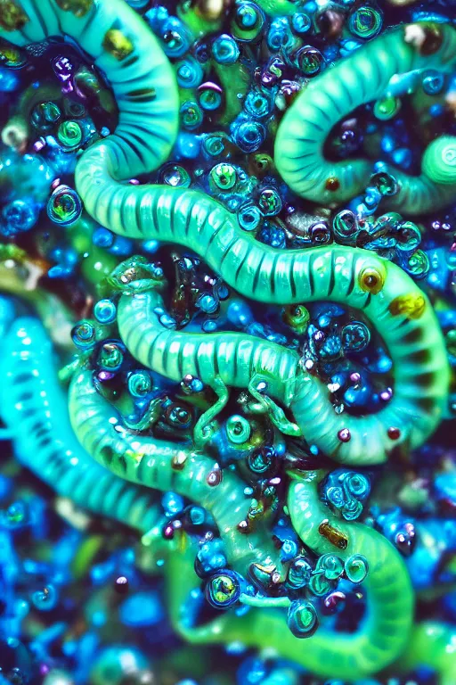 Image similar to high quality macro photo mecha gelatinous worms! gorgeous highly detailed hannah yata elson peter cinematic turquoise lighting high quality low angle hd 8k sharp shallow depth of field