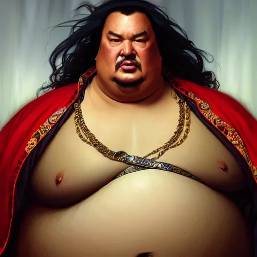 Prompt: Obese Steven Seagal, fantasy, intricate, elegant, highly detailed, digital painting, artstation, concept art, matte, sharp focus, illustration, art by Artgerm and Greg Rutkowski and Alphonse Mucha, and Simon Hennessey