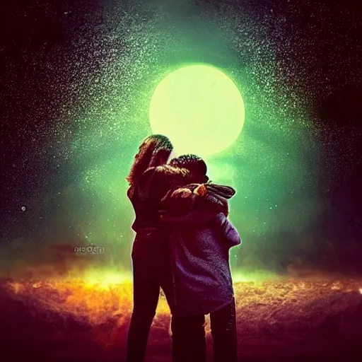 Image similar to “A family hugging each other for the last time as the world is ending, meteors are falling from the sky, everything is on fire, dramatic lighting, digital art, very very very very very very beautiful, 8K, dark lighting, trending on Artstation, award winning”