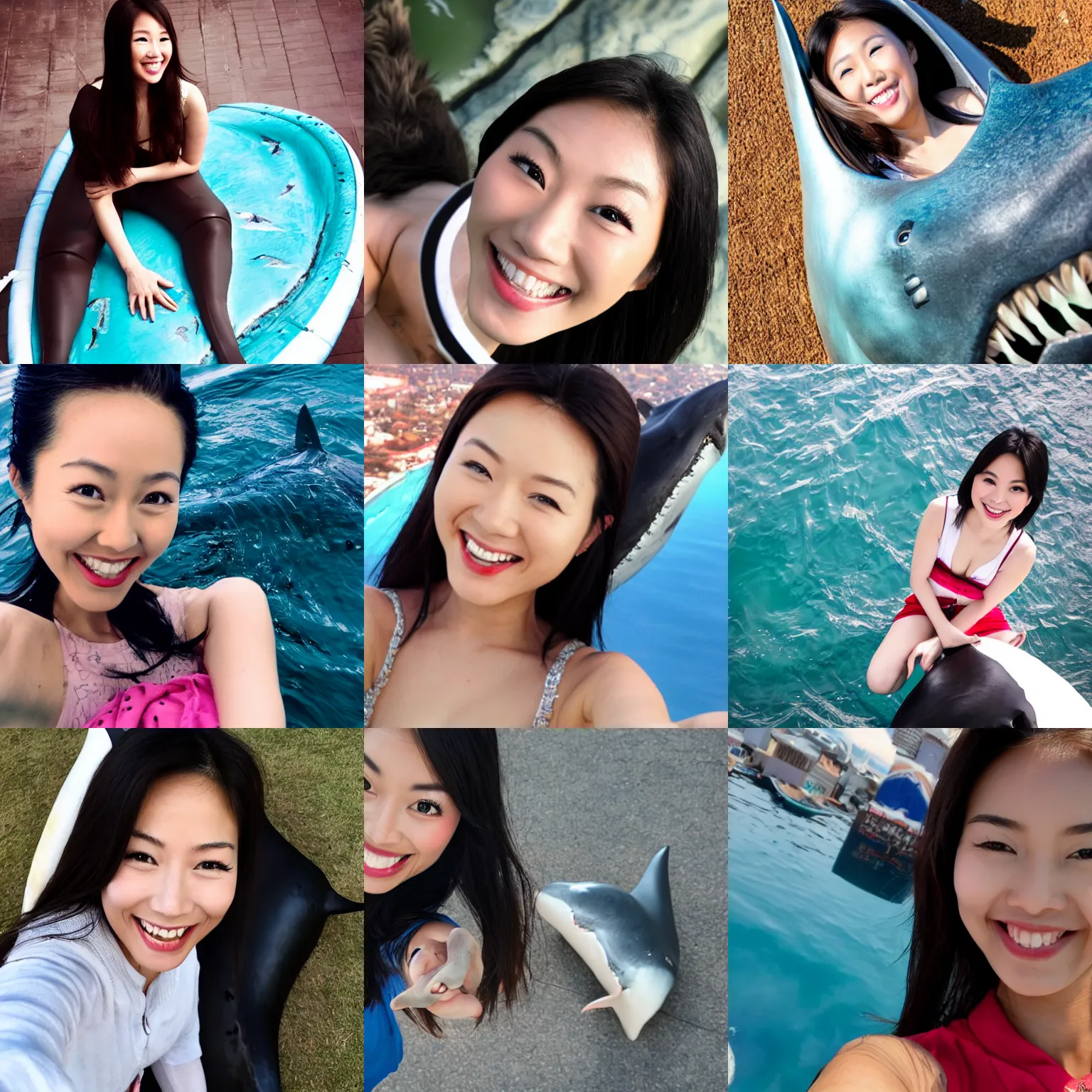 Prompt: a selfie taken from above by a beautiful smiling Asian actress sitting on a big fake shark , highly detailed, lifelike, photo-realistic, smooth, sharp focus