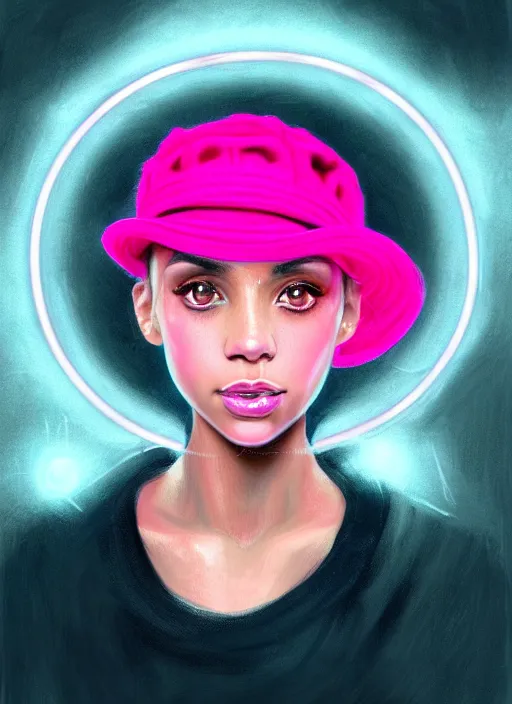 Image similar to portrait of teenage vanessa morgan with bright pink hair, black girl, curly pixie cut hair, wearing newsboy cap, pink short haircut, newsboy cap, hoop earrings, blue eyes, intricate, elegant, glowing lights, highly detailed, digital painting, artstation, concept art, smooth, sharp focus, illustration, art by wlop, mars ravelo and greg rutkowski