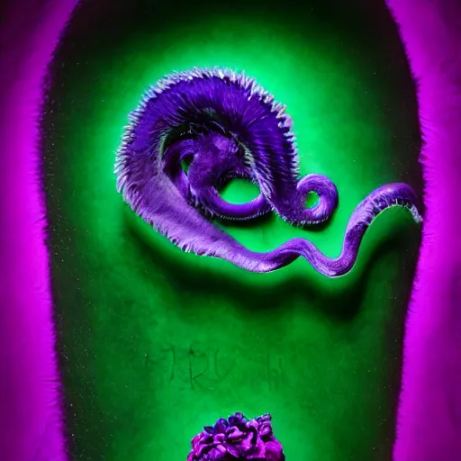 Prompt: Deep imprint flower core, our ouroborous devours it's tail by Rick Baker, black, neon purple, Hyperreal, Photographed in the Style of Annie Leibovitz, Studio Lighting