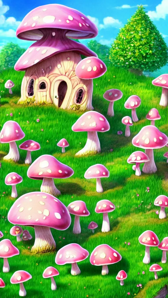 Prompt: shinkai painted a beautiful picture of some cute mushroom house, is very healing, surrounded by green plants and pink roses, sunshine, lake, concise and clear pictures, soft light, animation style, pastoral style, fairy tale, dream, wide view, 1 2 8 k resolution,