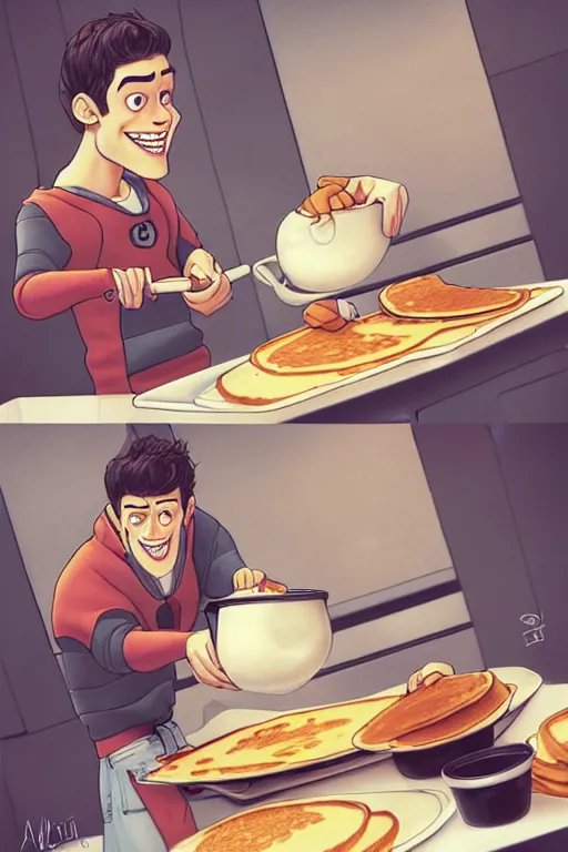 Image similar to pete davidson making pancakes, animation pixar style, by pendleton ward, magali villeneuve, artgerm, rob rey and kentaro miura style, golden ratio, trending on art station