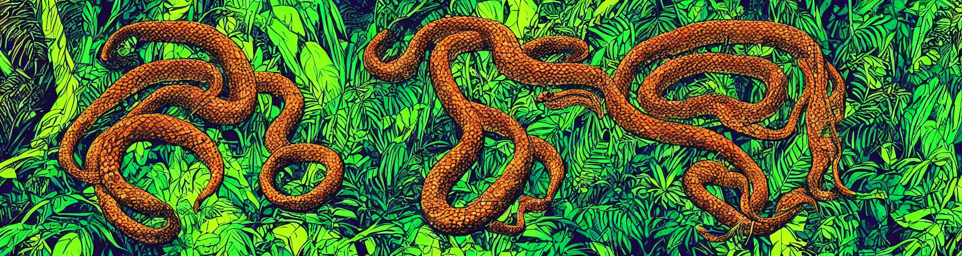 Image similar to a snake in the jungle seen through the psychedelics effects from ayahuasca