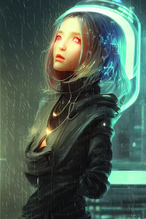Image similar to portrait futuristic cute cyberpunk young female Alchemist, in futuristic stormy heavy snowy thunder tokyo rooftop Enchantment cyberpunk night, ssci-fi, fantasy, intricate, very very beautiful, elegant, neon light, highly detailed, digital painting, artstation, concept art, soft light, hdri, smooth, sharp focus, illustration, art by tian zi and craig mullins and WLOP and alphonse mucha
