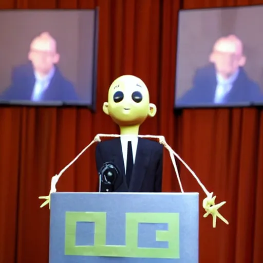 Image similar to string marionette in a podium giving a press conference