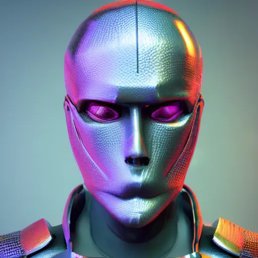 Image similar to hyperrealistic 3 d render of a colorful bust of knight with futuristic fashion elements created by ludvig holmen, brilliantly colored, kingdoms of ether, octane render, 3 d animated, unreal engine 5, volumetric lighting, hdr, cinematic atmosphere, smooth surface, 8 k