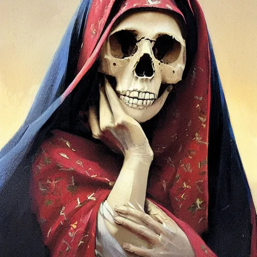 Image similar to painting of the virgin mary skull face by greg rutkowski and jc leyendecker