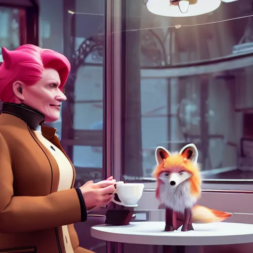 Image similar to captain janeway sharing coffee with a robotic fox with pink hair, inside a french cafe, 3 d render, hdr 8 k octane engine, unreal engine 5