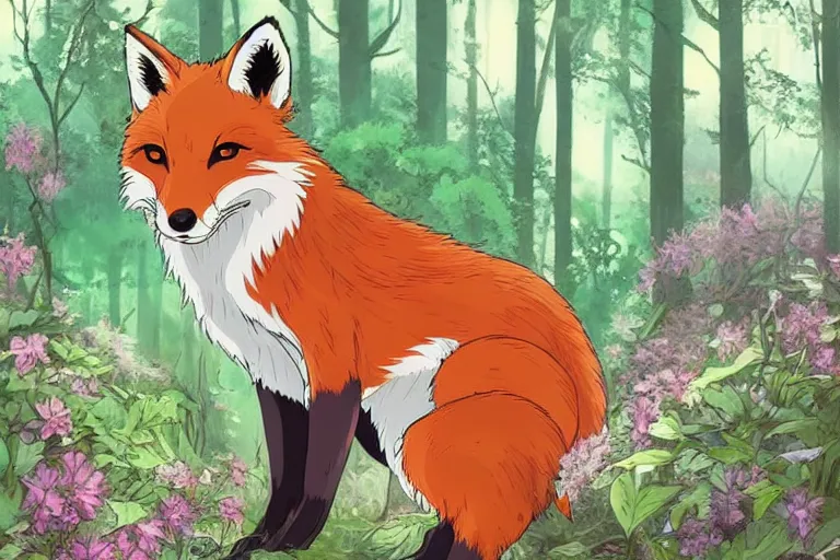 Prompt: a beautiful fox in the forest covered in flowers, sunlight beaming down, studio ghibli style, soft fur, two pointed ears, long tail, high octane filter, beautiful lighting, wildlife, feral, detailed anime artwork