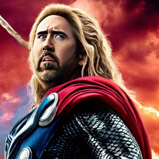 Image similar to film still of Nic Cage as Thor in Avengers Endgame