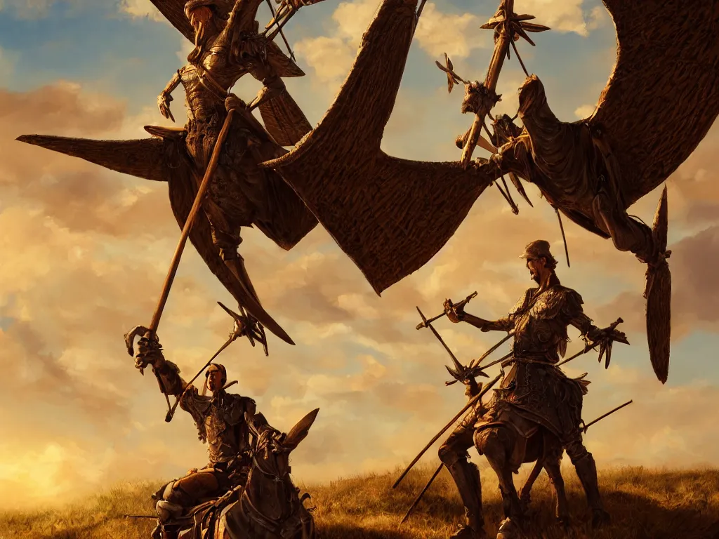 Prompt: portrait of don quixote sitting on a pterodactyl, windmill, summer, sun in the zenith, digital art, highly detailed, stunning scene, realism, stunning scene, bright colors, trending on artstation, masterpiece