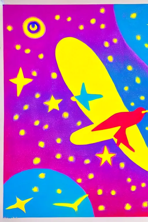 Prompt: vibrant 6 0 s artwork by peter max of birds flying in a pastel coloured starry sky