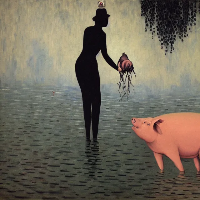 Image similar to tall female emo artist holding a pig in a flooded cafe, octopus, water gushing from ceiling, painting of flood waters inside a cafe, a river flooding indoors, pomegranates, pigs, ikebana, water, octopus, river, rapids, waterfall, black swans, canoe, berries, acrylic on canvas, surrealist, by magritte and monet