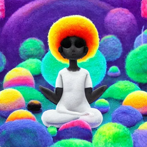 Image similar to a black girl with a colorful afro and big beautiful eyes meditating in a rainbow magic mushroom zen garden with her crystal ball, bokeh!!!, bright colors, synthwave, watercolor, volumetric wool felting, felt, macro photography, children illustration, by goro fujita