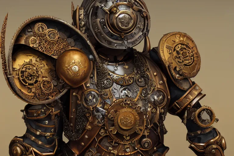 Image similar to steampunk paladin, full body portrait, octane render, 4k, extremely ornate armor and shield, highly intricate