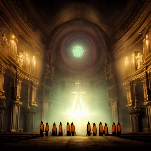 Image similar to center view photography of a group of priest in circle invoking an hyper realistic lovecraft creature portrait in a huge ritual portal in a church, 4 k, fantasy art, glamorous composition, wide - angle shot, cinematography lighting, volumetric fog, vivid colors, realistic, octane render, unreal engine