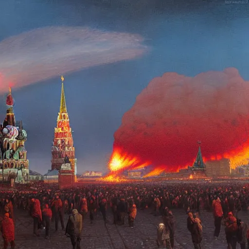 Image similar to the last selfie taken in russia red square, nuclear explosion, russian flag burning, hydrogen bomb explosion, by donato giancola and greg rutkowski and wayne barlow and zdzisław beksinski,