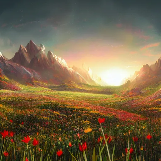 Image similar to field of flowers sun day mountains artstation unreal ingine