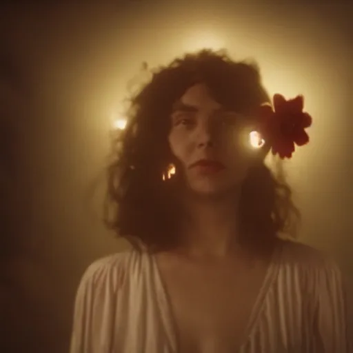 Prompt: movie still of the girl with the flowers head, cinematic composition, cinematic light, dream effect, dream atmosphere, by edgar wright and david lynch,