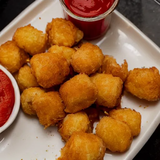 Image similar to food photo of channing tatum's face as tater tot on a plate with ketchup