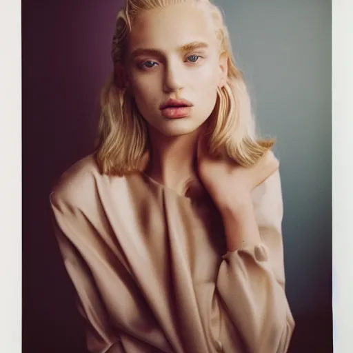 Image similar to realistic photoshoot for a new dior lookbook, color film photography, portrait of a beautiful blonde woman, in style of tyler mitchell, 35mm