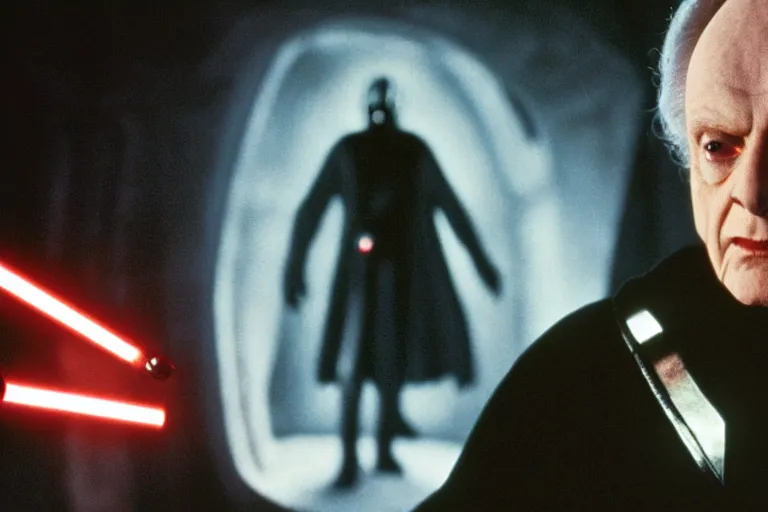 Image similar to (a cinematic still from return of the jedi!!), palpatine by Ian McDiarmid, masterpiece