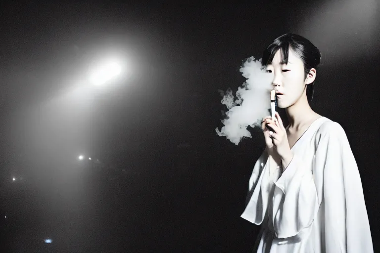 Image similar to photography masterpiece by haruto hoshi and yang seung woo, flash photography, portrait of a young japanese woman in a white dress smoking a cigarette in a cabaret night club, shot on a canon 5 d mark iii with a 3 5 mm lens aperture f / 5. 6, dslr, hd, full res, 4 k